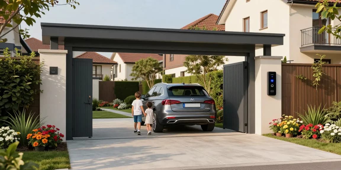 Schiebetore im Einsatz: Automatisches Tor öffnet sich für einfahrendes Auto in einer schönen Einfahrt.