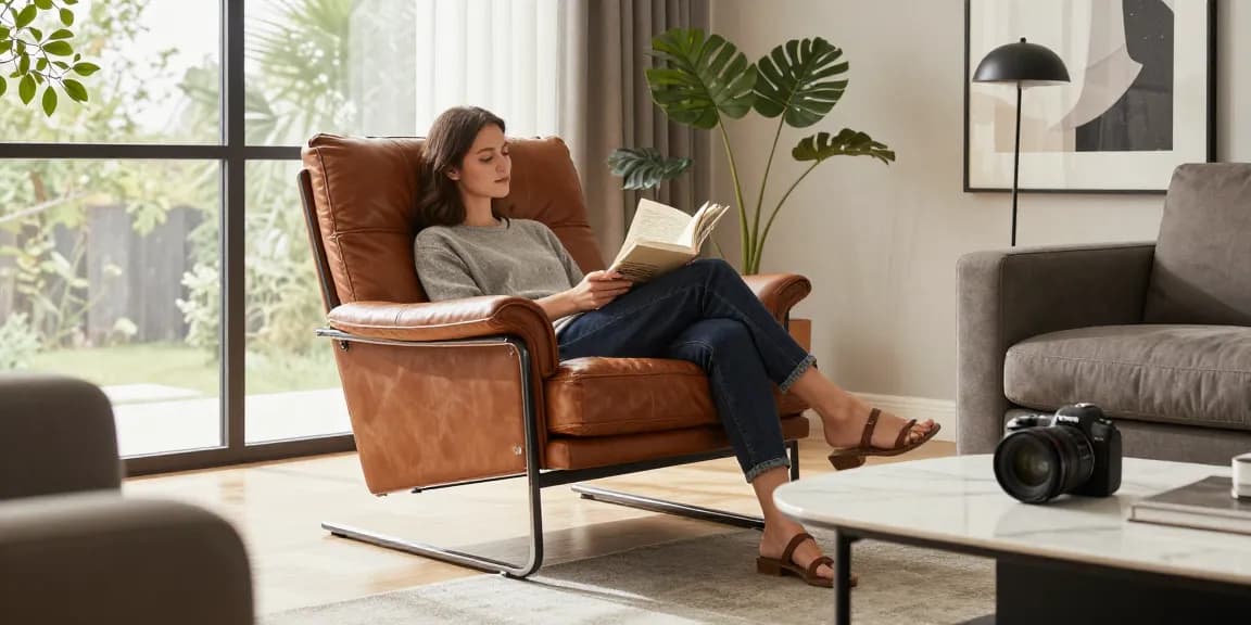 Baxter Ledersessel in einem modernen Wohnzimmer, das einen gemütlichen, einladenden Raum schafft.