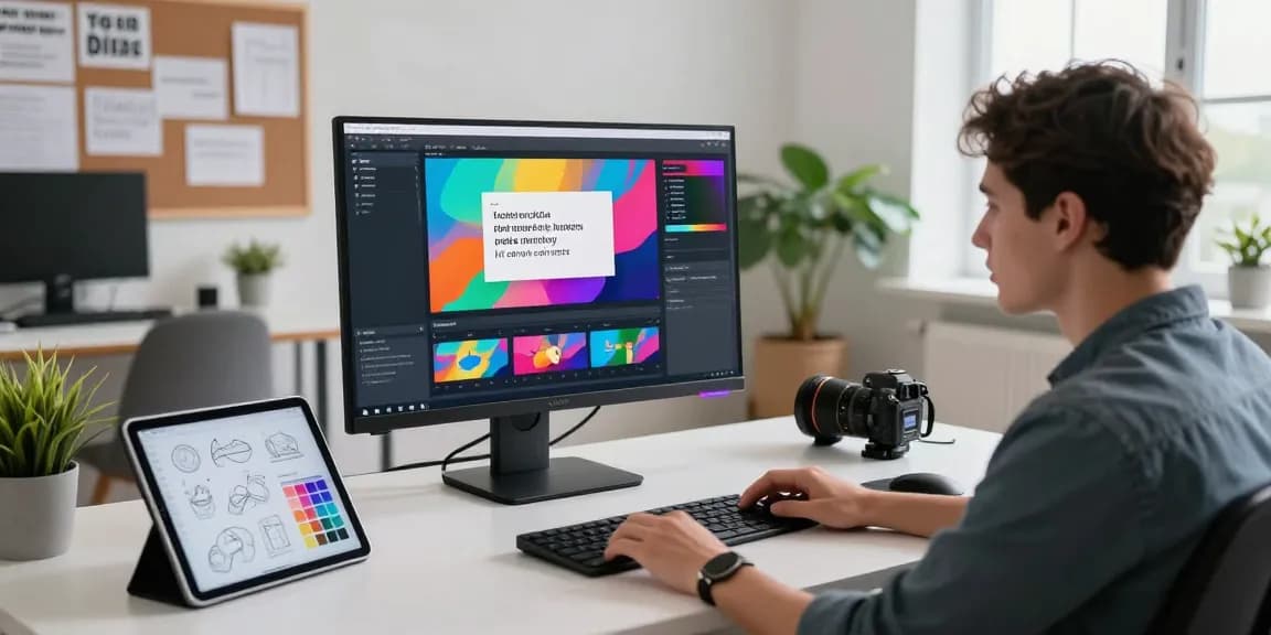 Designer using an AI video generator tool in a modern workspace with vibrant video outputs.