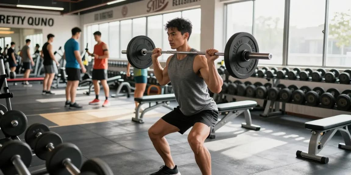 Sportler im Anabolika Shop mit Gewichten, motivierender Fitnessumgebung und modernem Equipment.