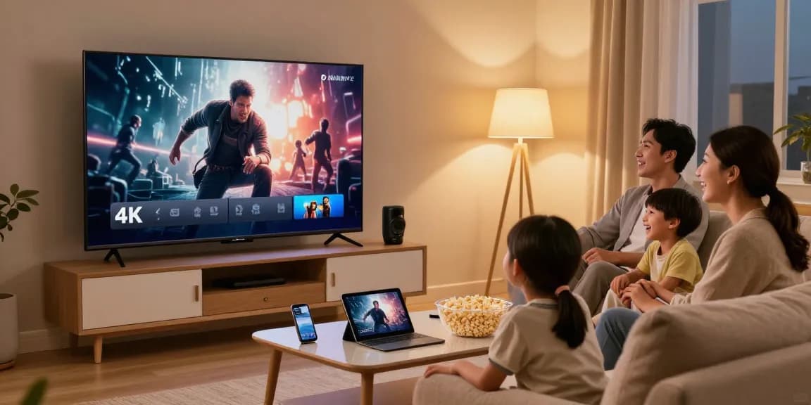 Familie genießt IPTV Streaming im Wohnzimmer, während sie IPTV kaufen.