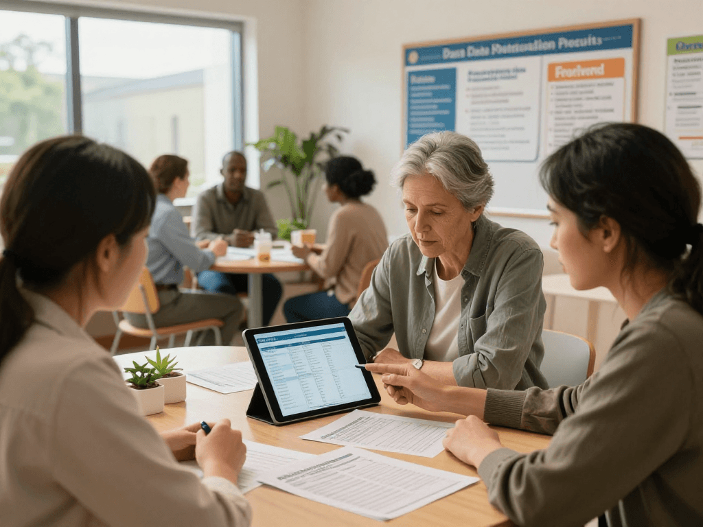 Privacy measures in soziale Einrichtungen illustrated by staff consulting on data protection.