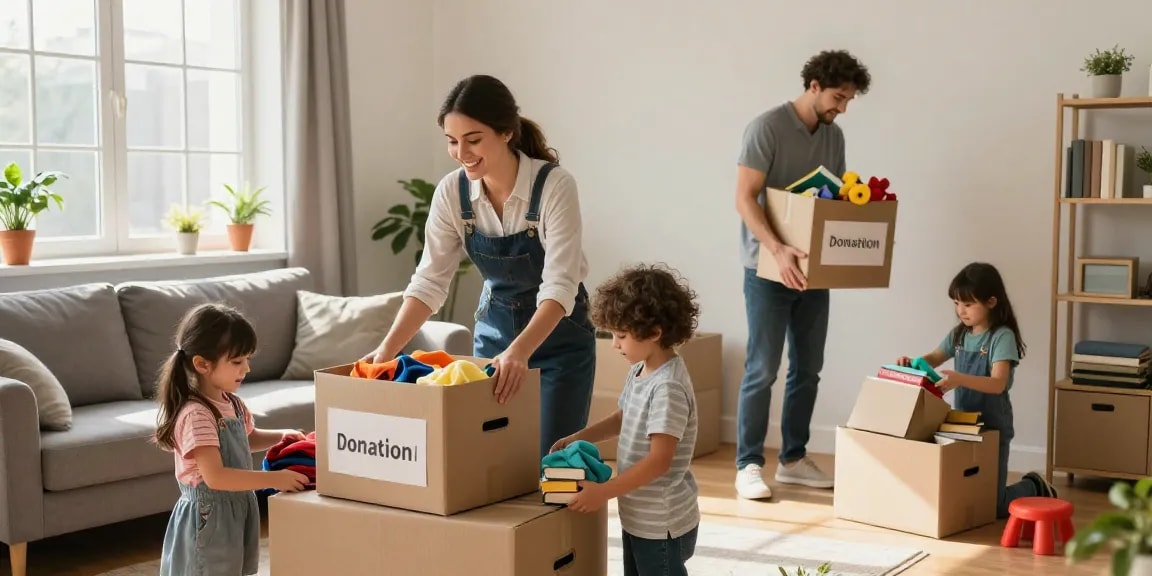 Professionelle Entrümpelung in einem einladenden Wohnzimmer mit Familie bei der Organisation von Gegenständen.