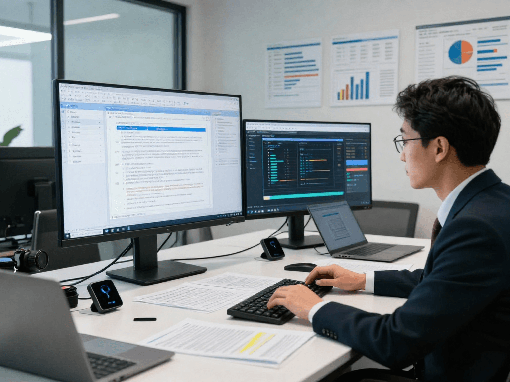 Data analyst performing document fraud detection analysis in a modern workspace with digital documents and performance metrics.