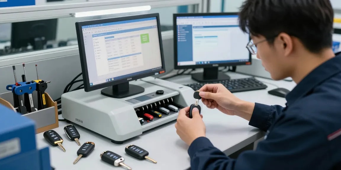 Autoschlüssel nachmachen in einer modernen Werkstatt, Techniker arbeitet an einem Schlüsselkopiergerät.