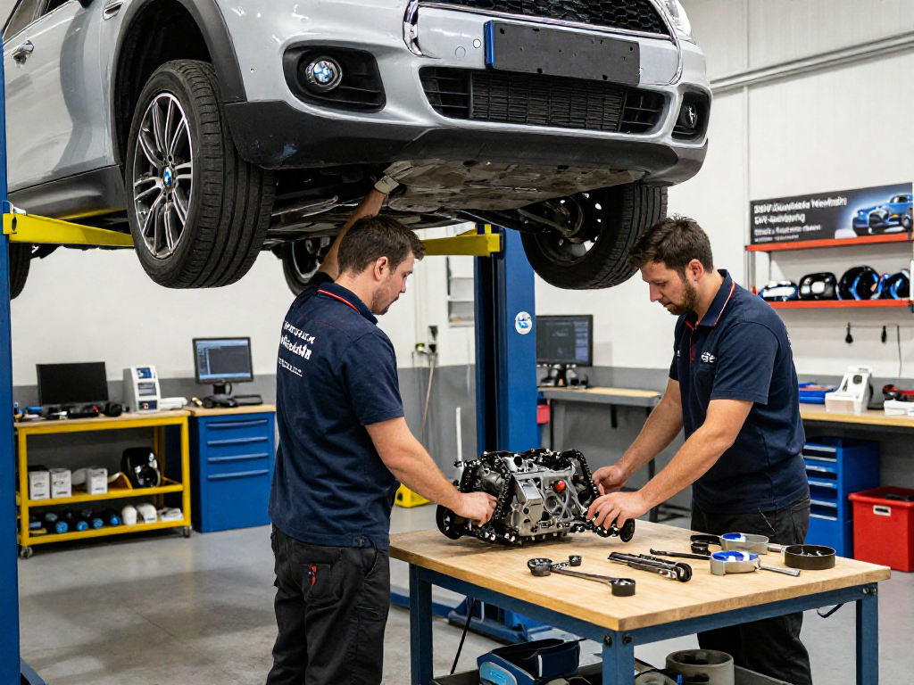 BMW Steuerkette wechseln in professioneller Werkstatt mit Technikern und modernem Equipment