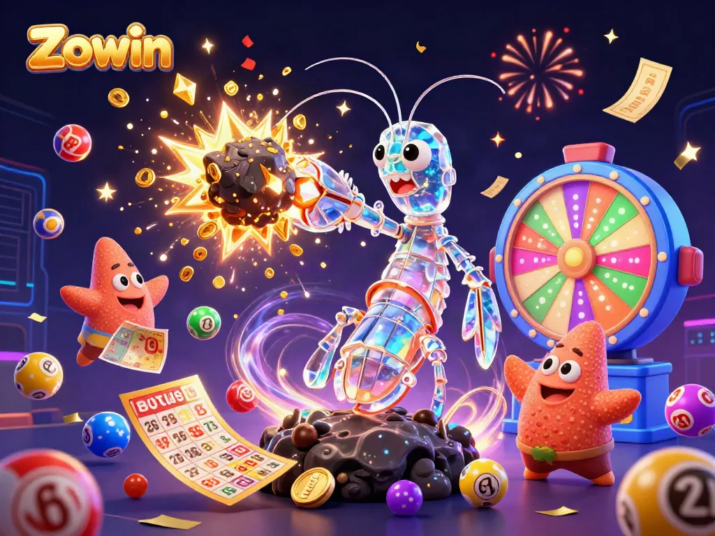 Zowin's unique online gaming experience features vibrant elements like colorful lottery balls and dynamic prize wheels.