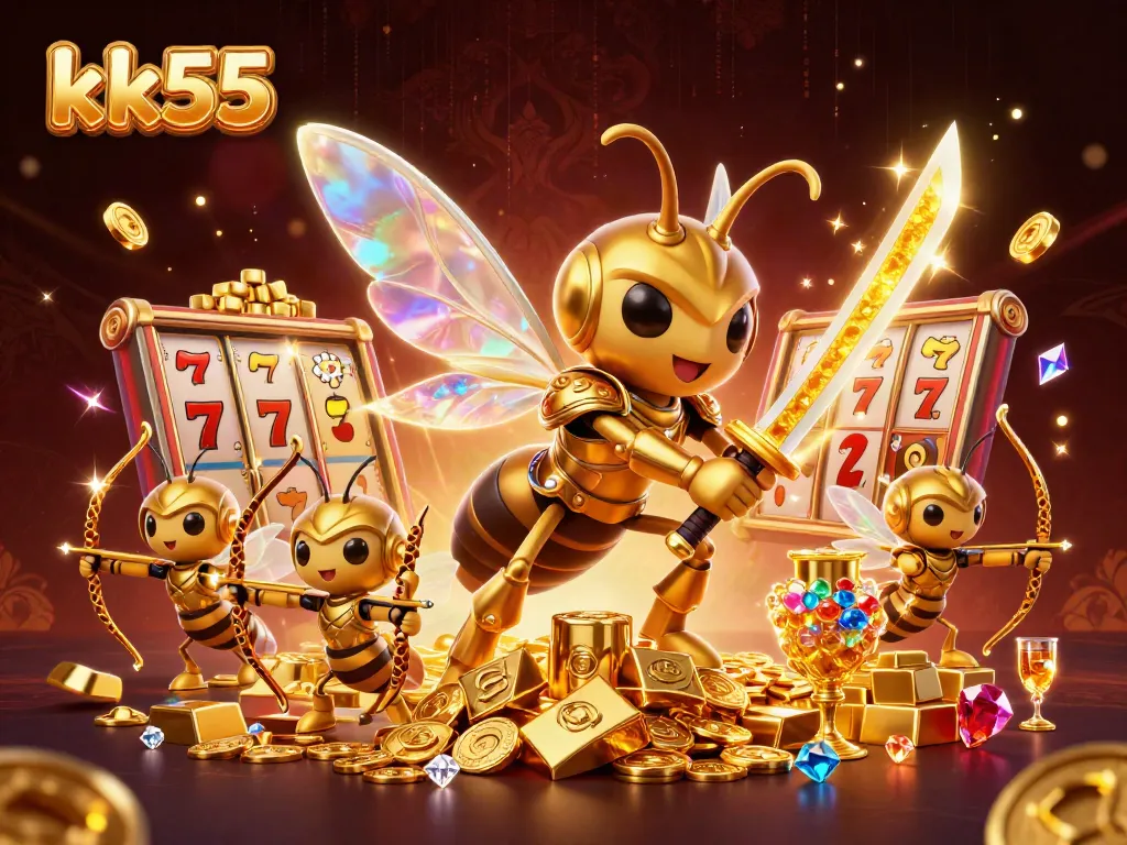 Engage in thrilling gameplay at kk55 with a vibrant 3D illustration of a golden hornet samurai and casino elements.
