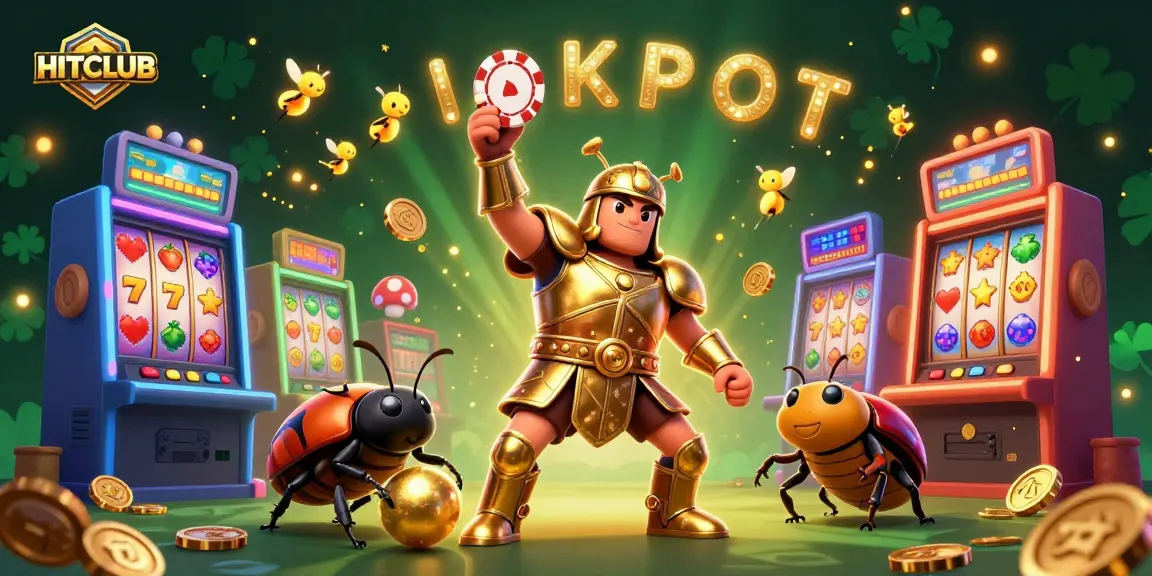 Win big with HITCLUB as a hercules beetle celebrates jackpot victory among slot machines.