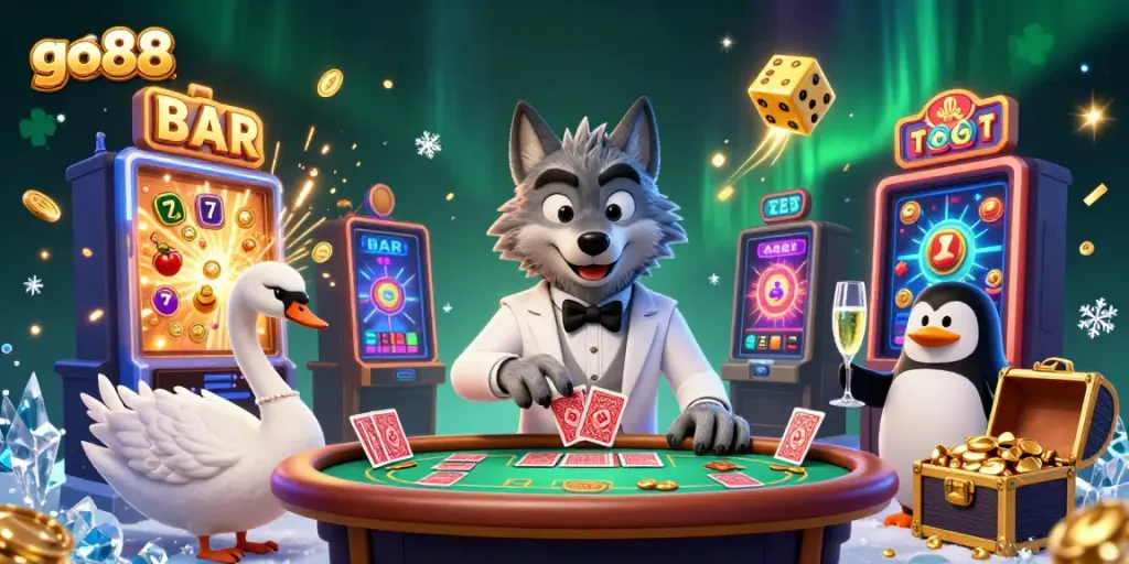 Experience the excitement of go88 casino with a vibrant 3D scene featuring a wolf, swan, and penguin amidst dynamic gaming elements.