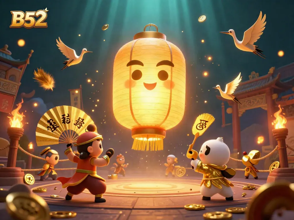B52 enhances casino excitement with a vibrant 3D illustration of a golden lantern spirit surrounded by warriors and lucky symbols.