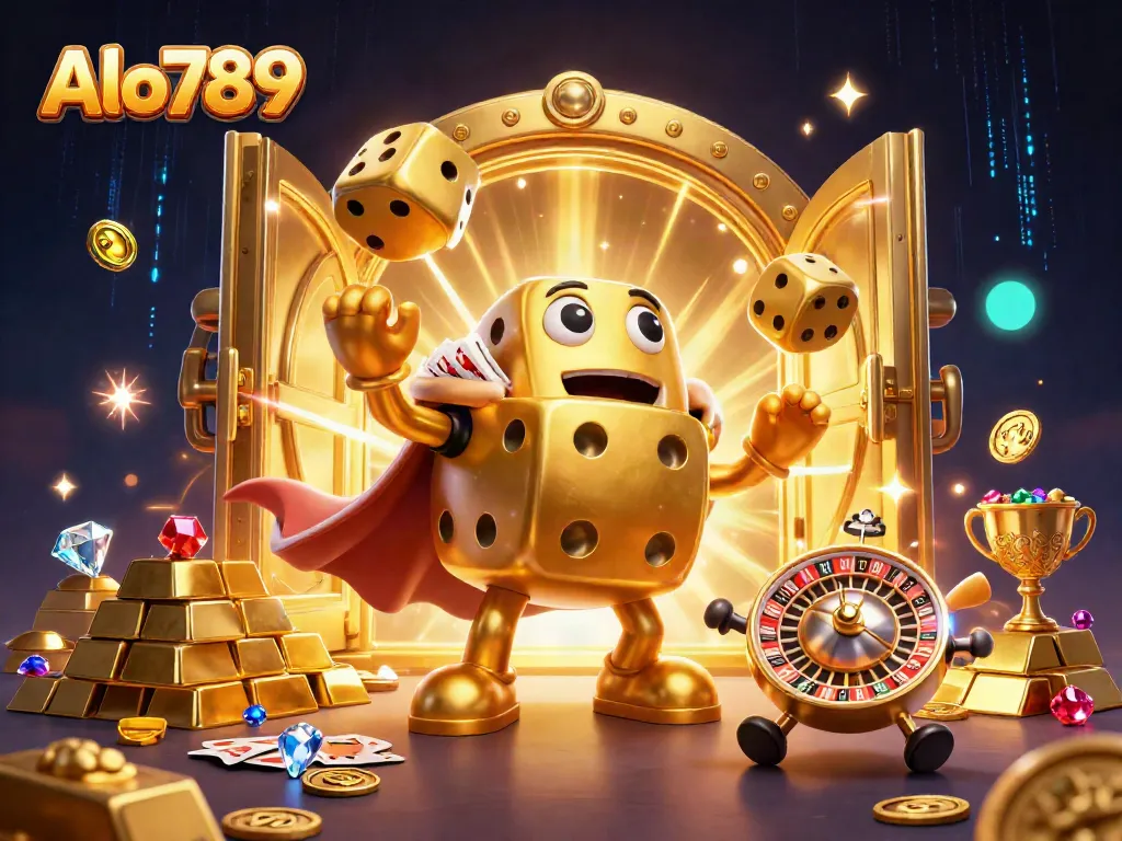 Engage with Alo789's vibrant gaming realm, showcasing a golden dice golem and dazzling treasures in a festive casino atmosphere.
