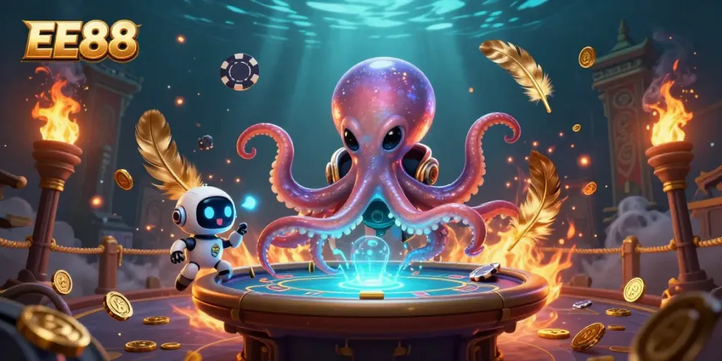 Engage with exciting poker action at EE88 featuring a dynamic alien octopus and robot.