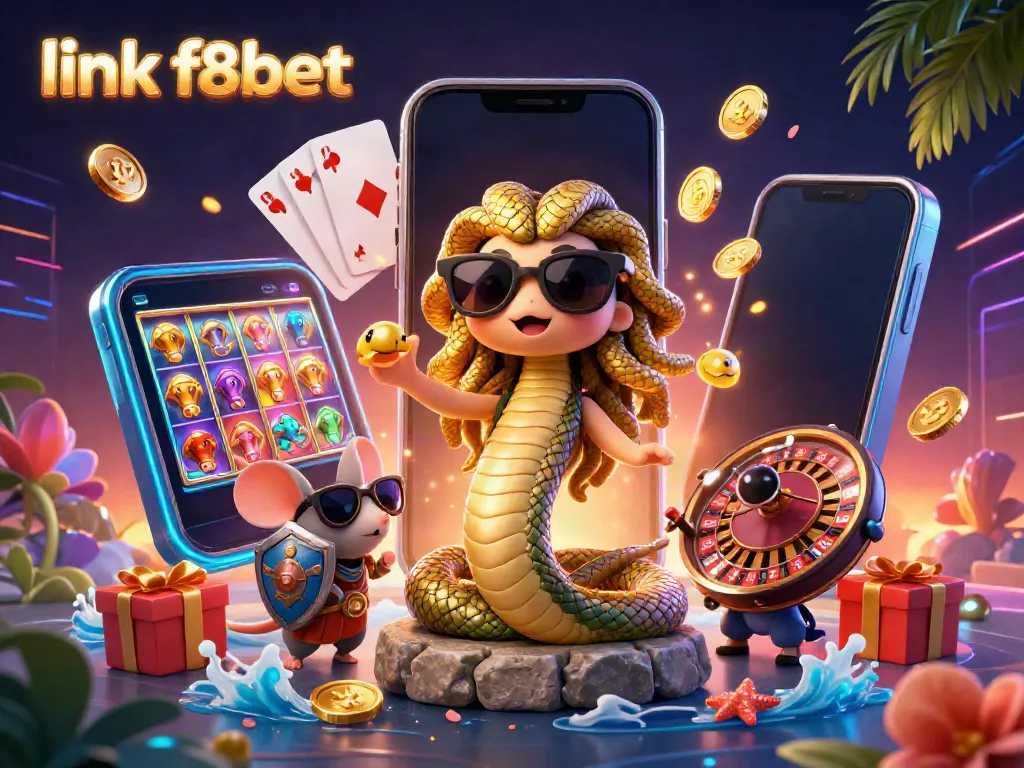 Engage with fun games at link f8bet featuring Medusa and a mouse amidst vibrant casino elements.