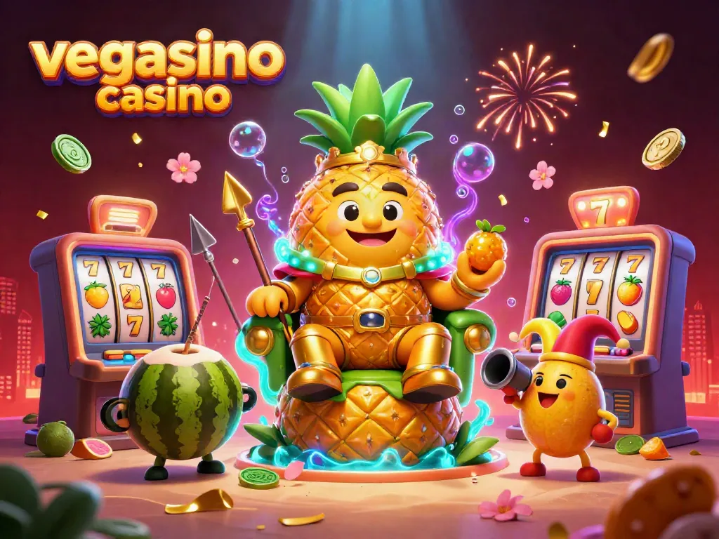 Engage with the vibrant vegasino casino, featuring a golden pineapple king and exciting slot machines.
