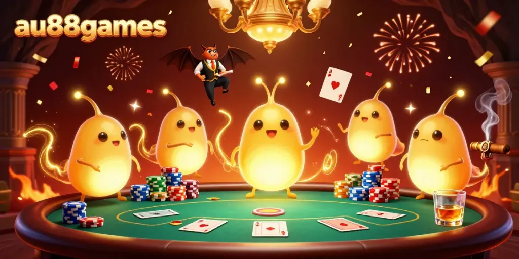 Experience the vibrant atmosphere of au88games with cartoon glowworms lighting up a cave casino.
