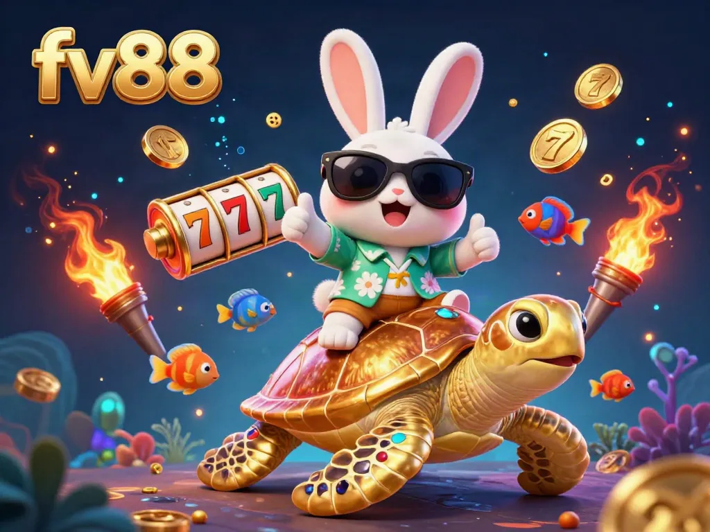 Experience the exciting world of fv88 with a lucky rabbit and golden turtle in a vibrant casino scene.