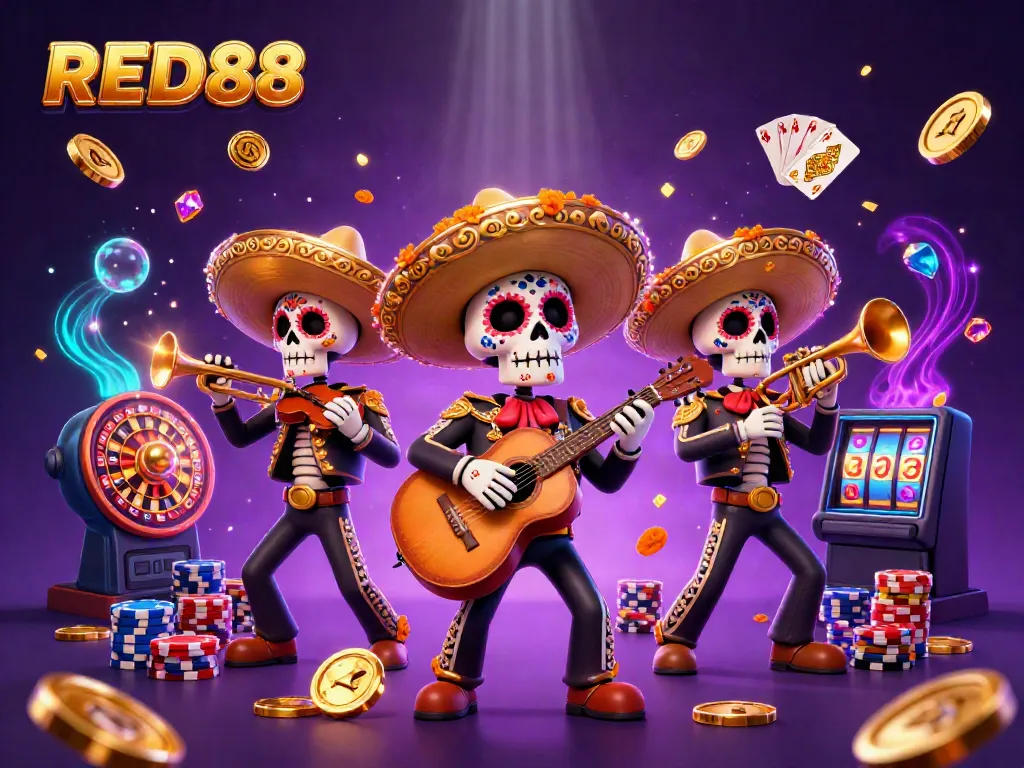 Join the festive RED88 mariachi band in a lively casino scene filled with jewels and gaming excitement.