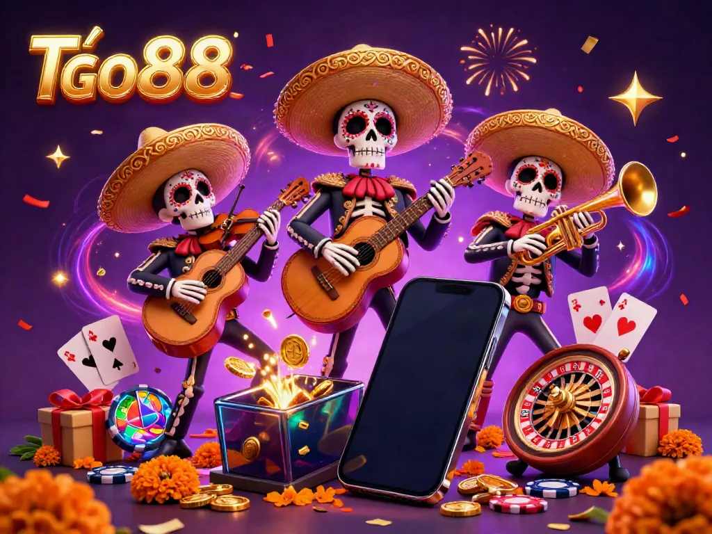 Tải Go88 dynamic illustration featuring mariachis and gaming elements creating excitement.