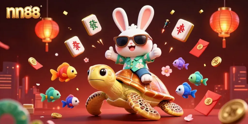 Experience the fun of nn88 with a lucky rabbit and golden turtle in a vibrant casino scene.