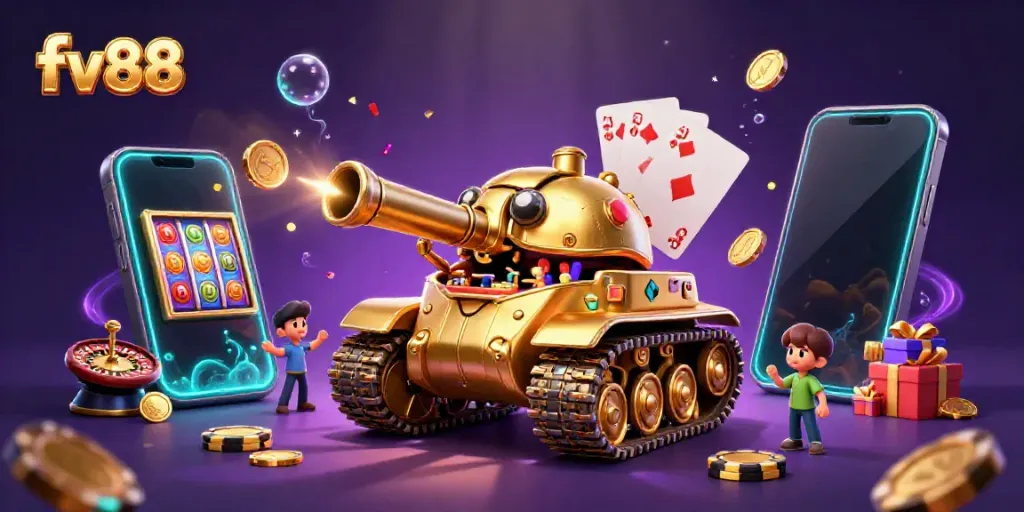 Experience the thrill of fv88 with an energetic 3D casino scene featuring playful gaming elements.