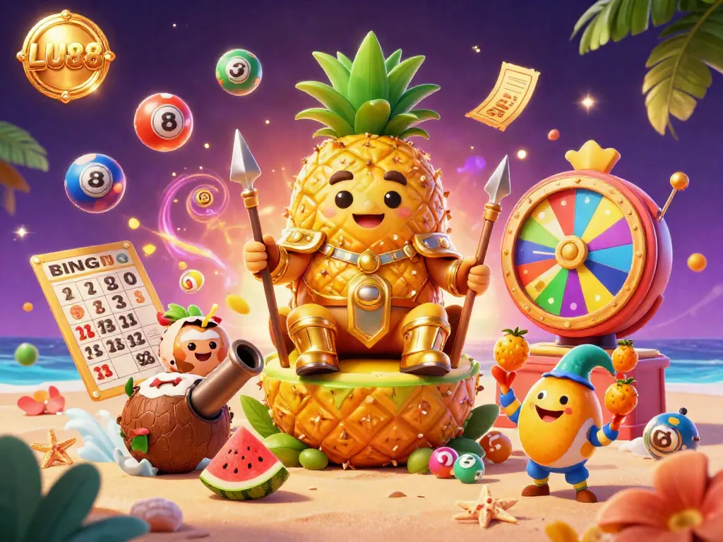 Engage with LU88's vibrant casino scene featuring a golden pineapple king, lottery elements, and festive decorations.
