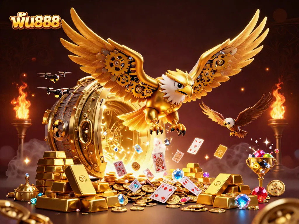 Experience thrilling gaming at ฟัน888 with a cybernetic eagle flying through cards in a dazzling casino atmosphere.