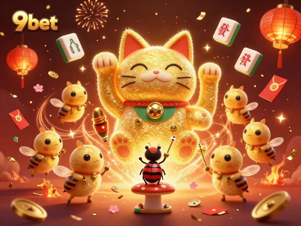 Experience thrilling wins at 9bet with a vibrant 3D illustration of lucky cat symbols and festive elements.