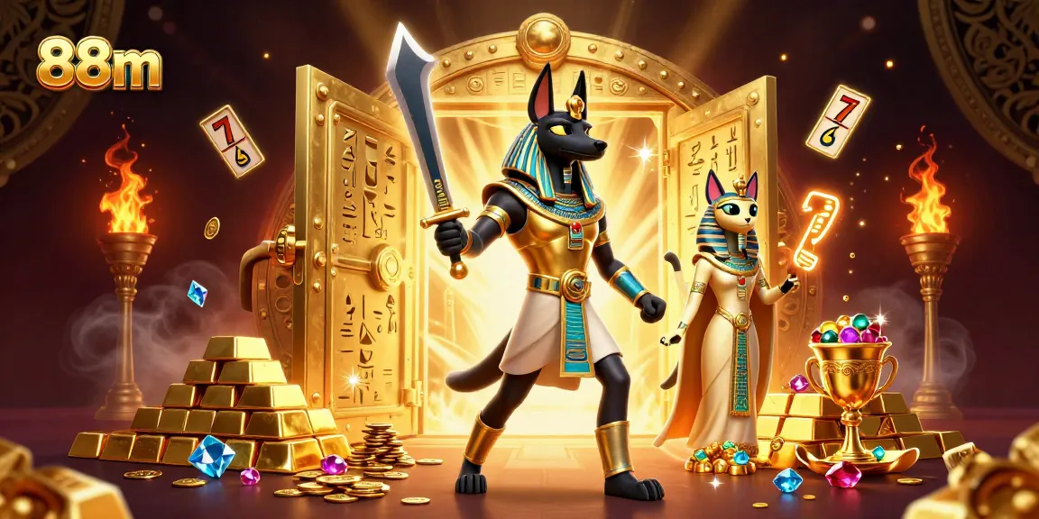 Spin the reels with the stunning 88m casino illustration featuring ancient Egyptian themes and treasures.