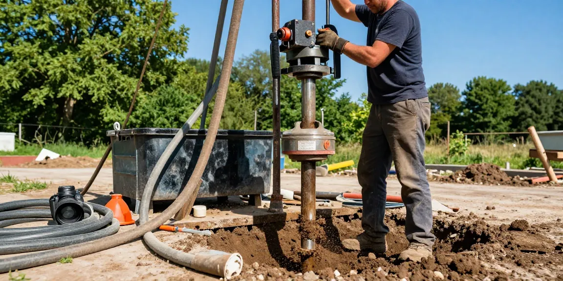 Ein Brunnenbohrer in Aktion beim Bohren, umgeben von Werkzeugen und Ausrüstung im Freien.