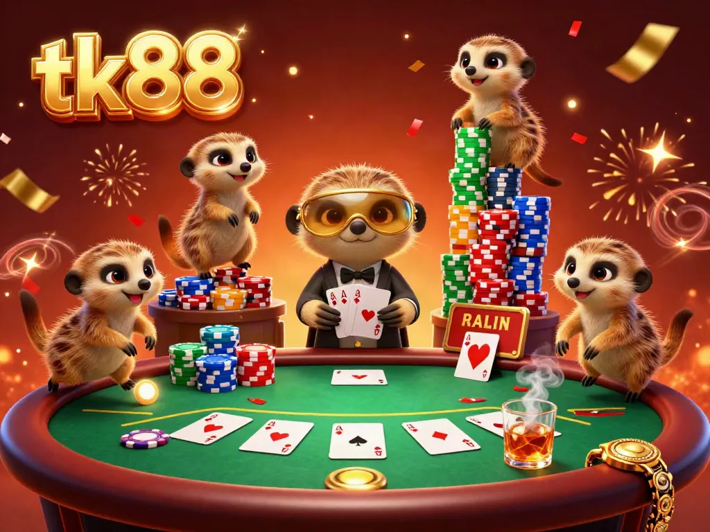 Experience thrilling gaming action at tk88's vibrant casino with meerkats managing poker games.