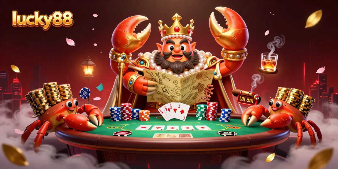 Experience the excitement of lucky88 with a dynamic poker scene featuring a golden crab emperor.