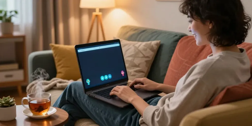 Engaging in free AI sex chat on a laptop in a cozy living room setting.