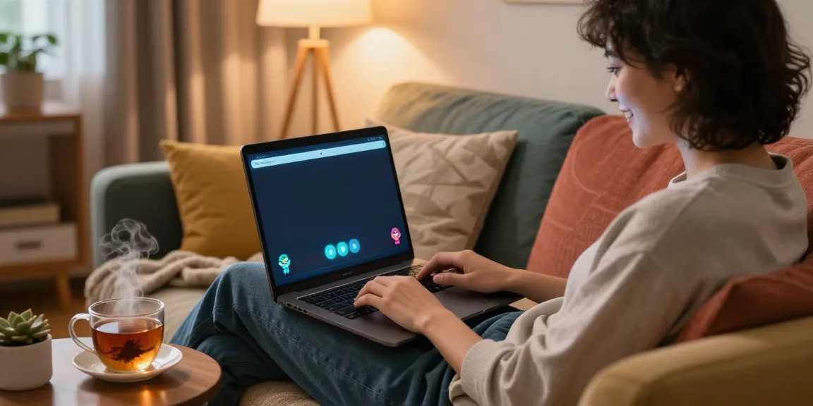 Engaging in free AI sex chat on a laptop in a cozy living room setting.
