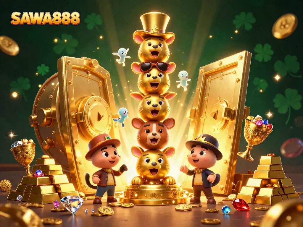 Engage with thrilling slots at SAWA888, surrounded by golden treasures and vibrant casino elements.
