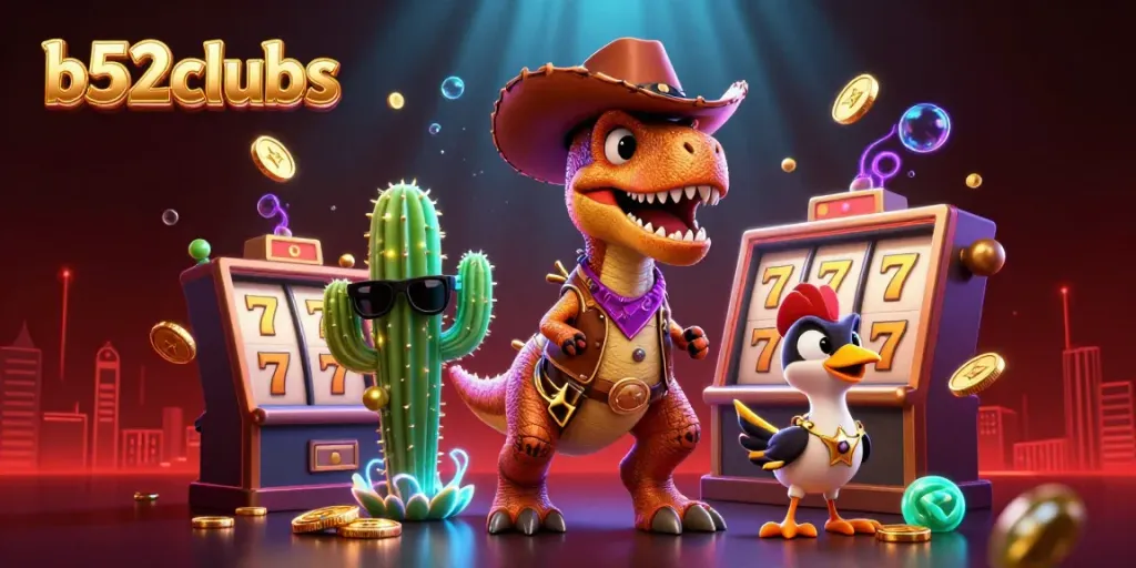 Experience thrilling gaming at b52clubs with a colorful scene featuring a cowboy dinosaur and casino elements.