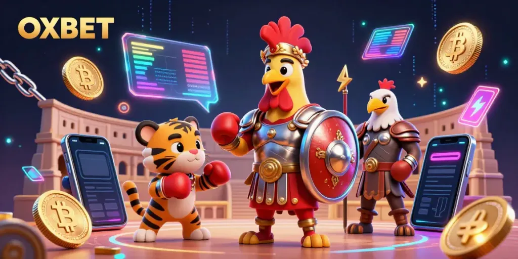 Experience OXBET in an electrifying 3D scene featuring a gladiator rooster and tiger cub, surrounded by crypto elements.