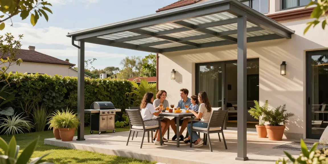 Moderne Terrassenüberdachung mit Familie und Gartenatmosphäre für genussvolle Outdoor-Erlebnisse