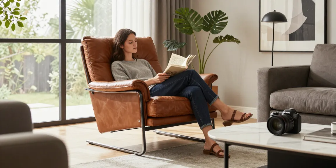 Baxter Ledersessel in einem modernen Wohnzimmer, das einen gemütlichen, einladenden Raum schafft.