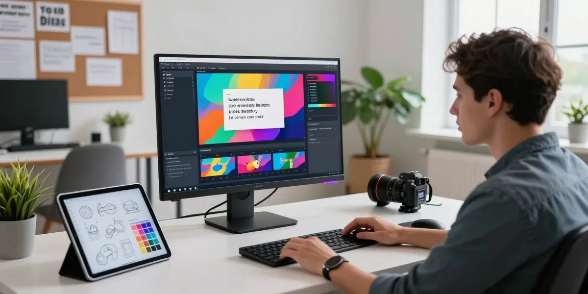 Designer using an AI video generator tool in a modern workspace with vibrant video outputs.