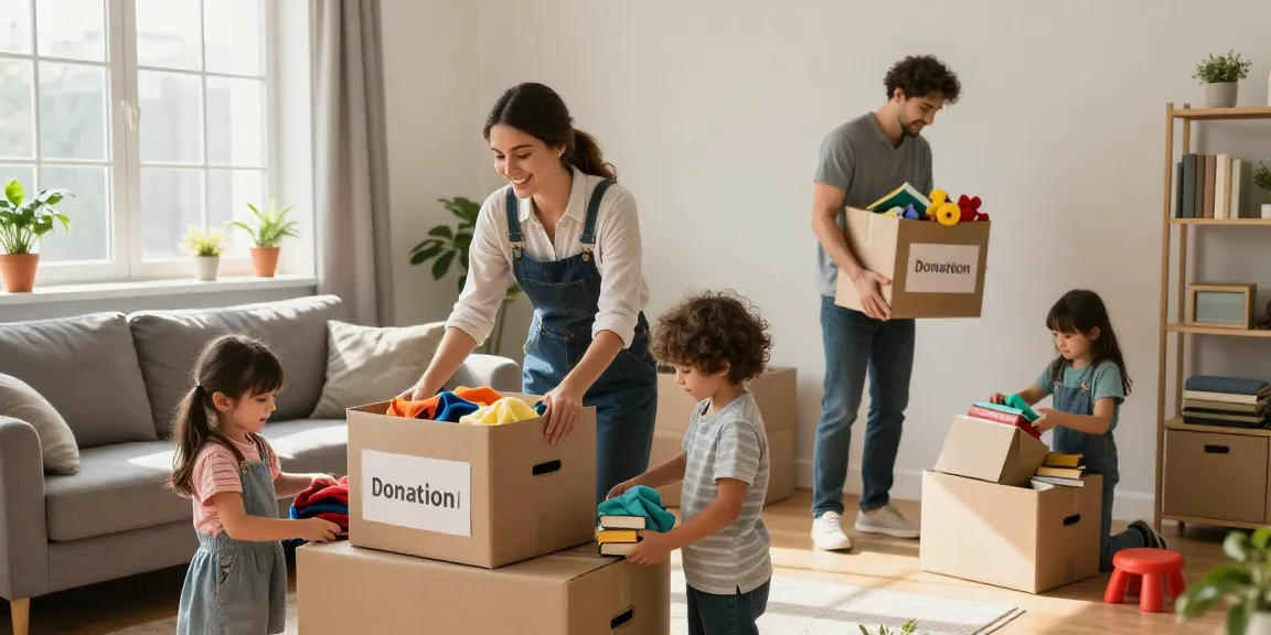Professionelle Entrümpelung in einem einladenden Wohnzimmer mit Familie bei der Organisation von Gegenständen.