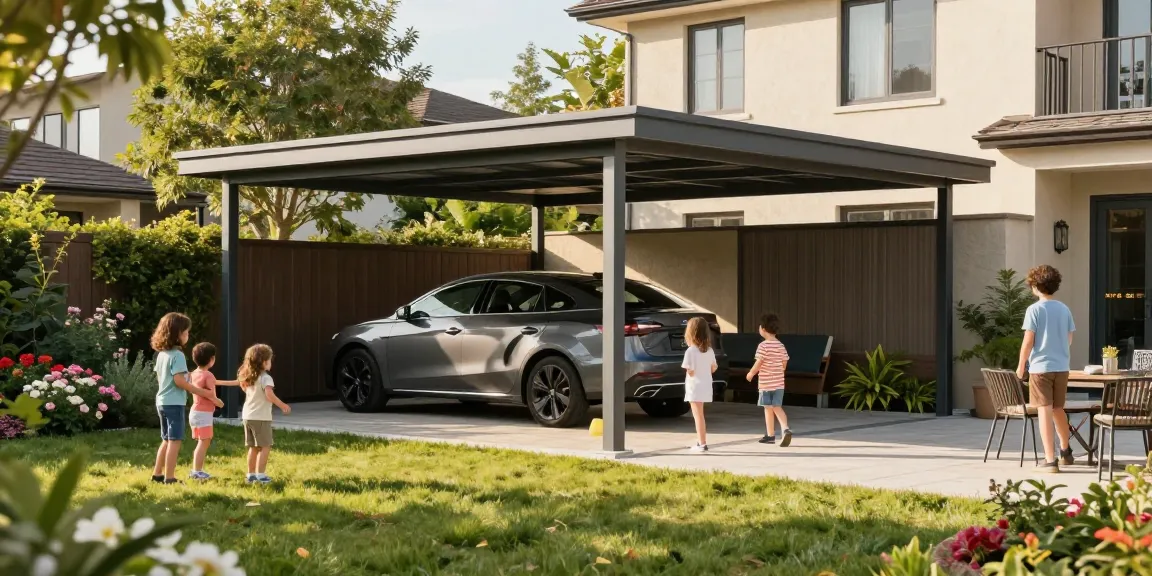 Moderner Carport in einem schönen Garten mit Familie und Spielzeug.