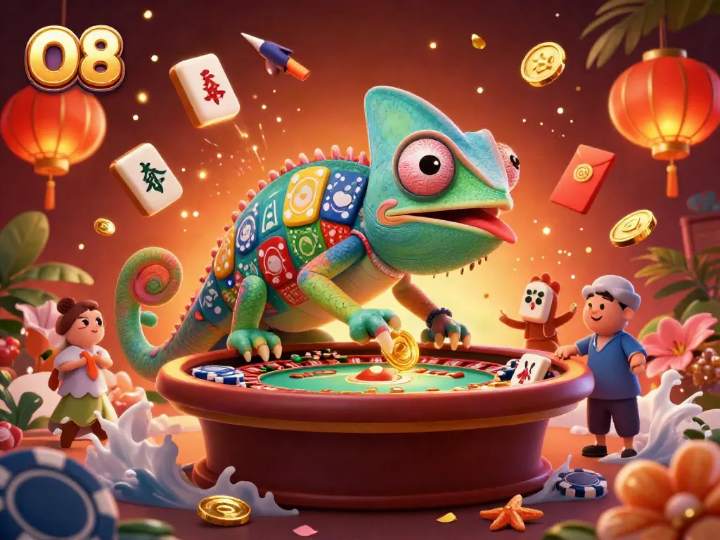 Engaging scene of the O8 chameleon casino owner capturing golden coins amidst vibrant gambling elements.