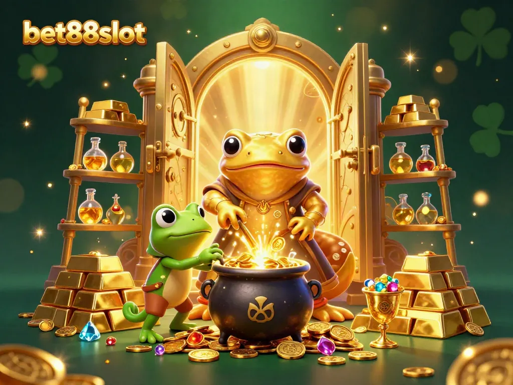 Experience the magic of bet88slot in a vibrant 3D fantasy illustration with gold coins and treasures.