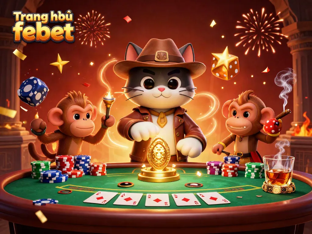Experience the excitement of the online casino world at Trang chủ febet with a vibrant 3D illustration featuring gaming icons.