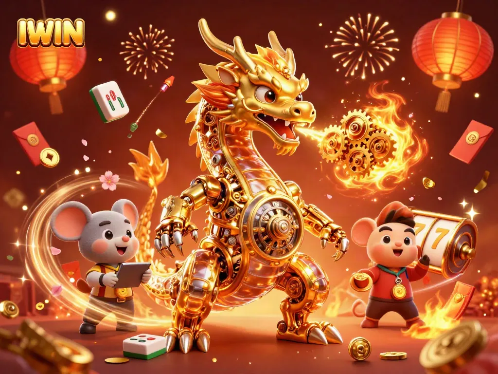 IWIN showcases a vibrant casino celebration with a golden dragon and festive game elements