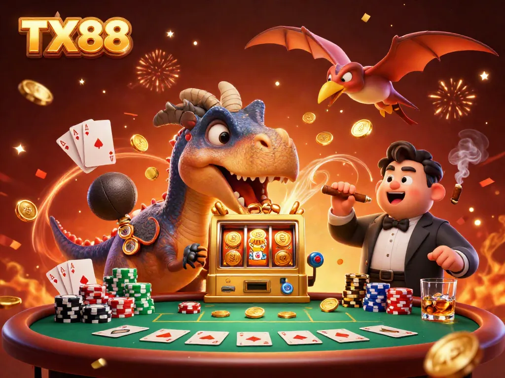 TX88 brings excitement with a cartoon dinosaur triggering a jackpot and flying coins in a vibrant casino scene.