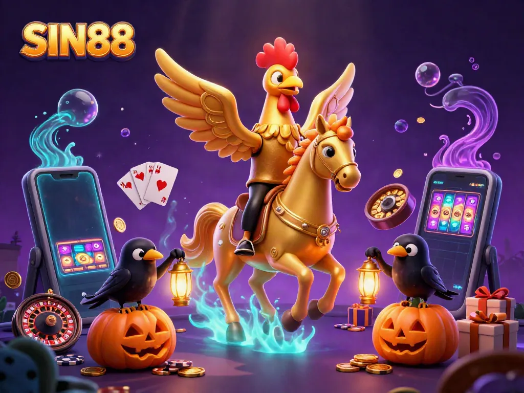 SIN88 brings vibrant gaming energy to life with a golden rooster and its companions in a thrilling casino scene.