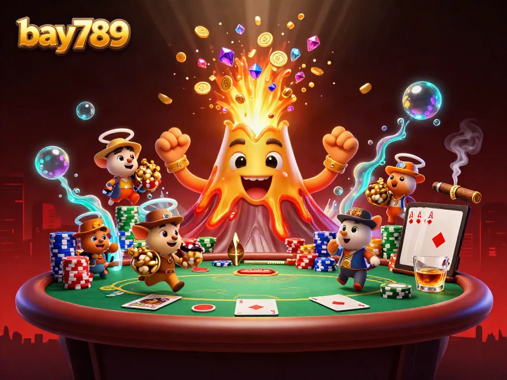 Experience thrilling poker action with bay789, featuring a triumphant golden volcano and treasure-seeking explorers.