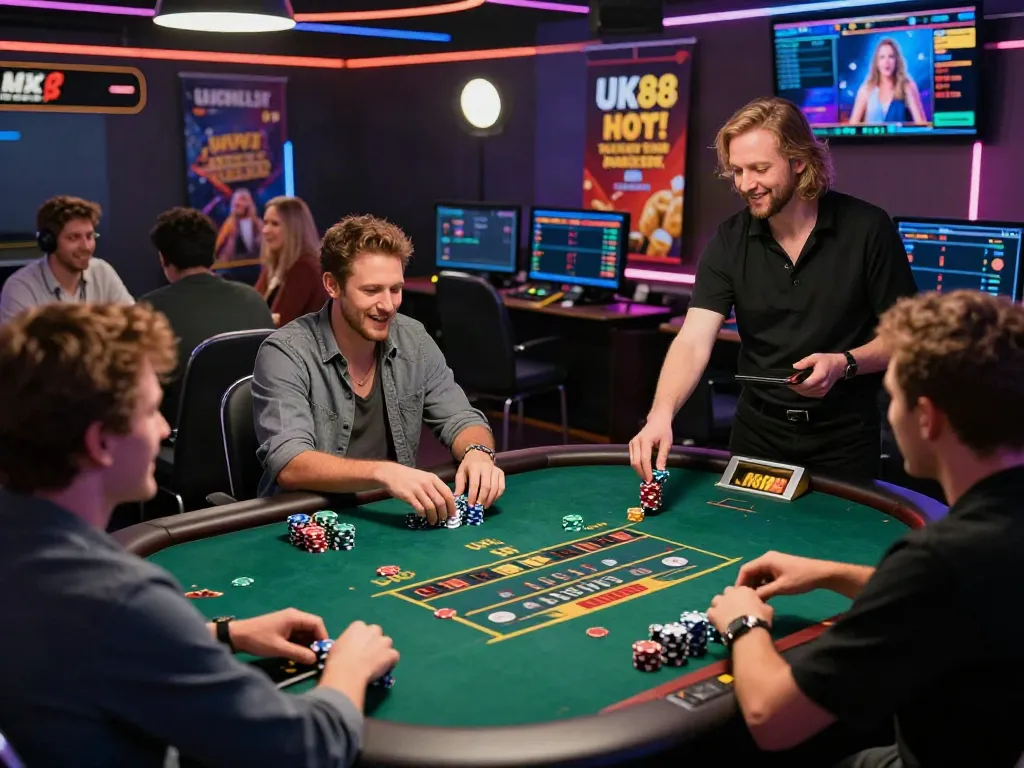 Exciting UK88 online casino scene with players engaged in live gaming action.